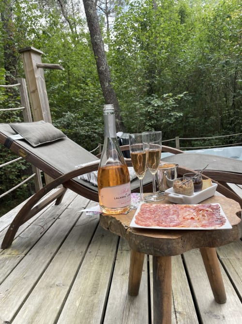 Terrasse extérieure aux Bulles De Bordeaux avec rosé, charcuterie et vue sur la forêt à Salleboeuf