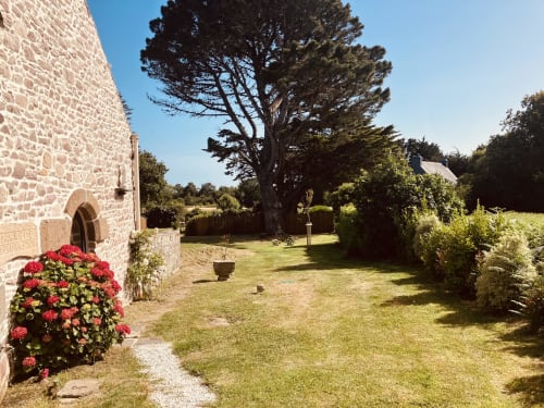 Jardin de gîte en pierre avec fleurs rouges au Gîte du Cap Fréhel, Plévenon, pelouse entretenue et grand arbre