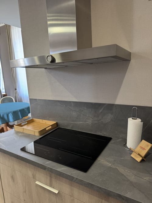 Modern kitchen with stainless steel range hood and induction cooktop in Suite Magnolia cottage at Au Bois Dormant,