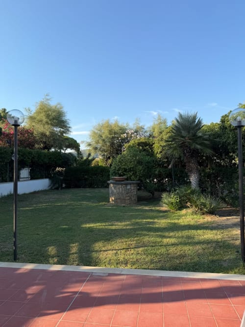 Giardino di Villa Mareluce con prato curato, palma e patio in terracotta che si affaccia su Santa Marinella