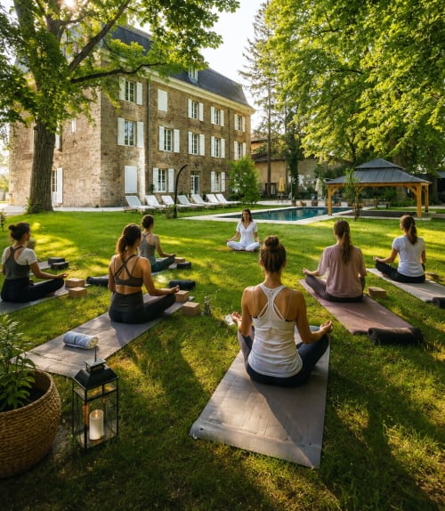 Cours de yoga en plein air sur la pelouse verte du Château de la Rochetière à Marcilloles, France