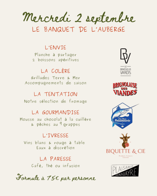 Menu de banquet de l'Auberge du Parc à Correns - Événement 2 septembre avec viandes grillées, plateau de fromages et chocolat