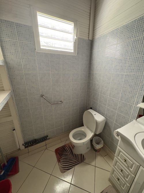 Salle de bain moderne avec douche carrelée, toilettes et lavabo à la villa L'ASETA PARADISE à Grand-Bourg, Guadeloupe