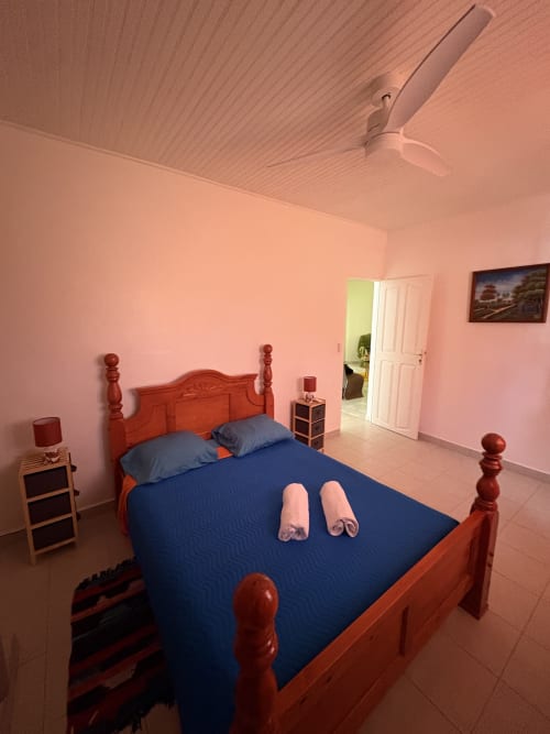 Chambre spacieuse de la villa L'Aseta Paradise à Grand Bourg avec lit en bois, literie bleue, murs roses, ventilateur et jardin