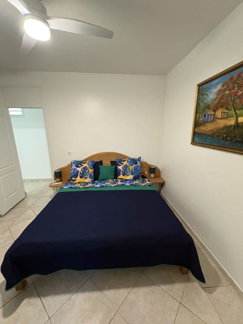 Chambre spacieuse à la villa L'ASETA PARADISE à Grand Bourg avec lit queen, parure colorée, tête de lit en bois, ventilateur de plafond