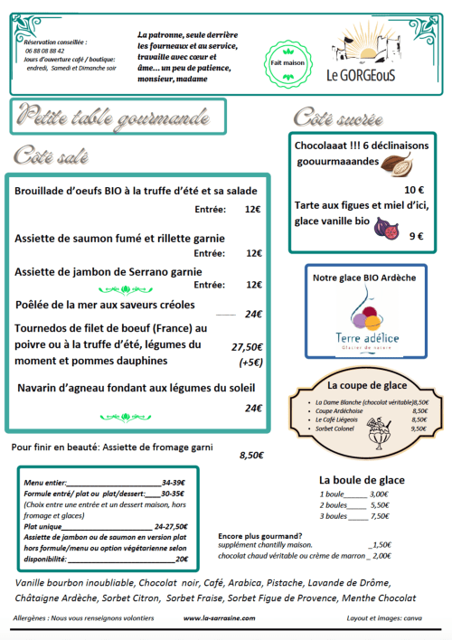 Speisekarte des Restaurants Le Gorgeus im La Sarrasine B&B in Aigueze, Frankreich mit gehobener Küche und Desserts