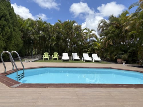 Piscine de la villa L'Aseta Paradise avec chaises longues et palmiers à Grand-Bourg, Guadeloupe