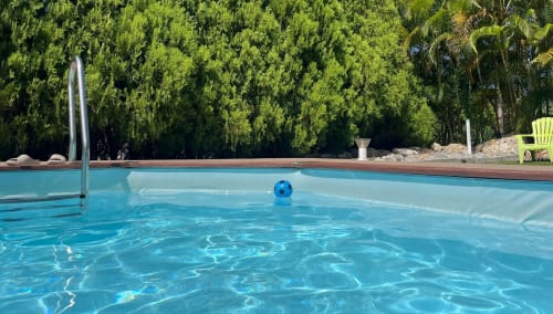 Piscine cristalline avec ballon flottant bleu à la villa L'ASETA PARADISE à Grand-Bourg, Guadeloupe, entourée de verdure luxuriante