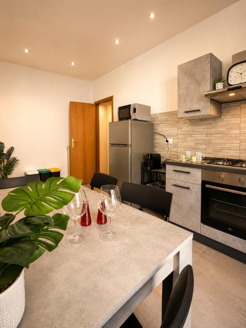 Cucina moderna e zona pranzo negli Appartamenti Castelli, Albano Laziale, con elettrodomestici in acciaio inossidabile e top in pietra,