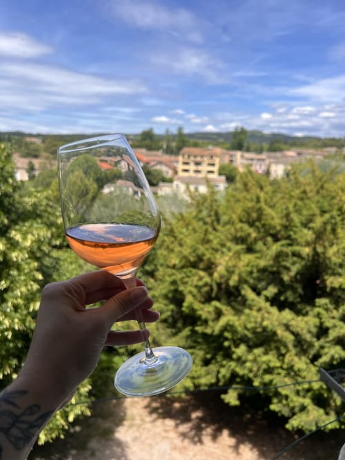Main tenant un verre de rosé avec vue sur le vignoble et le village de Vaison-la-Romaine