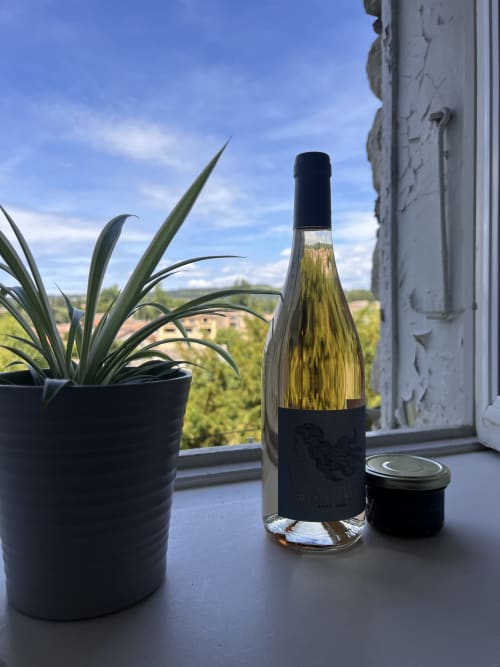Bouteille de vin et plante en pot sur le rebord de fenêtre de La Maison de Vaison avec vue sur la campagne de Vaison-la-Romaine