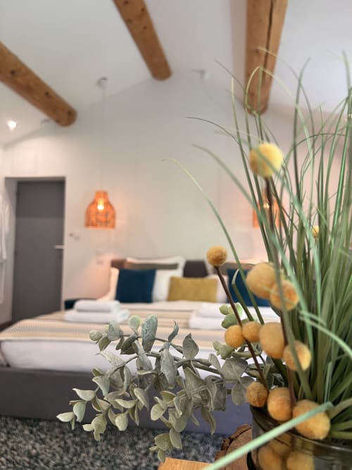 Chambre moderne à La Maison de Vaison avec plantes en pot, poutres en bois et luminaires orange