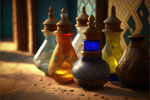 Élégants flacons de parfum en verre avec ornements en laiton travaillé au spa de l'hôtel Eucalyptus Ethnic à El Ghazouane, Maroc
