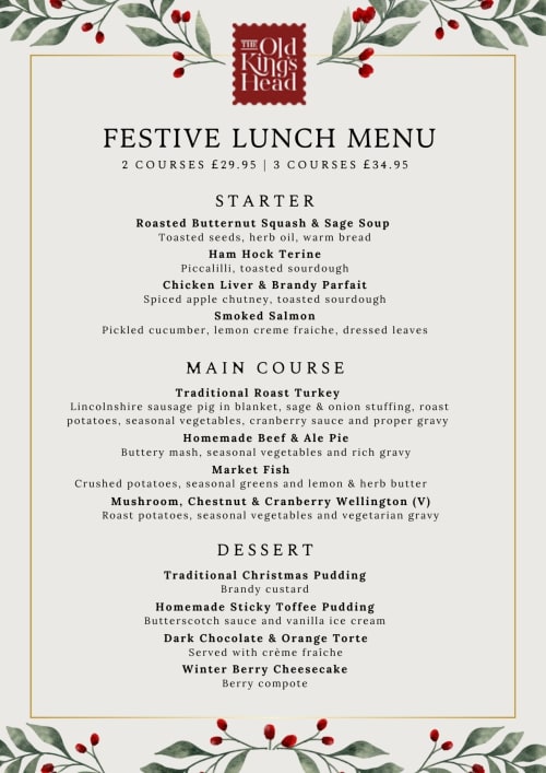 The Old Kings Head festive lunch menu featuring starters, mains and desserts with pricing for 2-3 courses