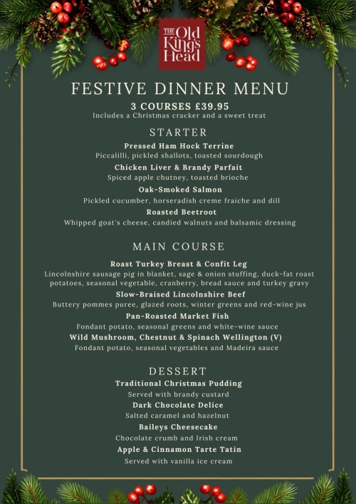 The Old Kings Head festive dinner menu featuring 3 courses for £39.95 with starters, mains, and desserts decorated with