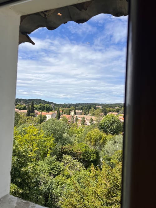 Vue de la chambre de La Maison de Vaison sur le village de Vaison-la-Romaine avec cyprès et paysage provençal