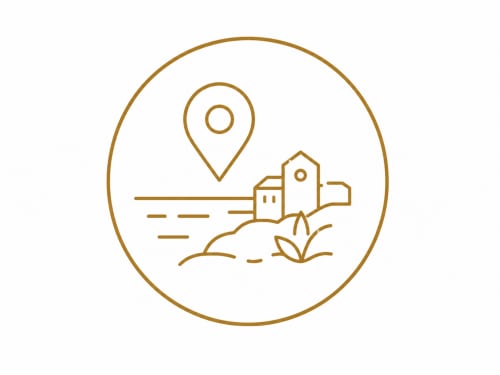 Ícone de mapa de localização com marcador de propriedade e casa no campo em Calheta, Portugal