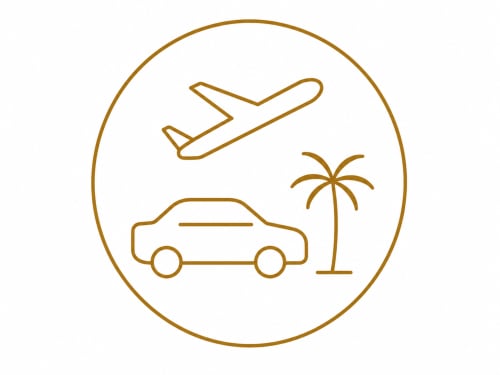 Ícones de viagem com avião, carro aluguel e palmeira representando serviços de férias em Les Terrasses Les Suites,