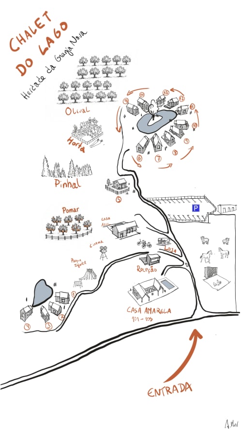 Chalet Do Lago property map showing grounds layout with cottage zones, parking, lake pool, and amenities in Montargil