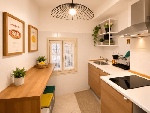Cucina moderna negli Appartamenti Castelli di Castel Gandolfo con banconi in legno, piastrelle bianche e acciaio inox