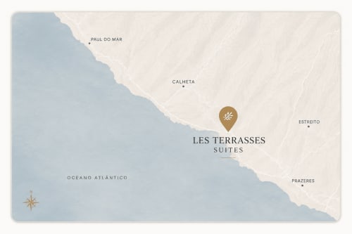 Mapa mostrando a localização de Les Terrasses Suites em Calheta, Portugal, próximo à costa do Oceano Atlântico
