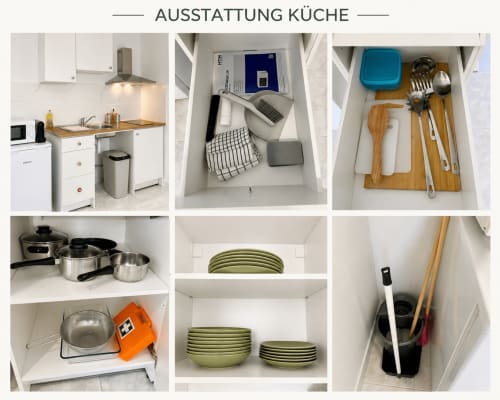 Organização da cozinha em Villas Simone Porto Santo: utensílios de cozinha, acessórios, louça e eletrodomésticos cuidadosamente arrumados