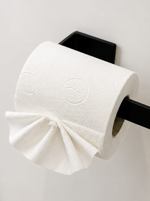 Rolo de papel higiênico branco em suporte preto nos apartamentos Villas Simone Porto Santo