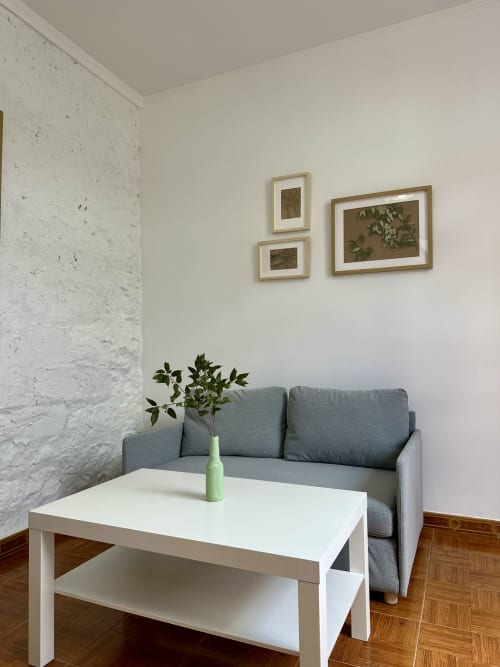 Sala de estar moderna com sofá cinza, mesa branca e planta em vaso nos apartamentos Villas Simone Porto Santo