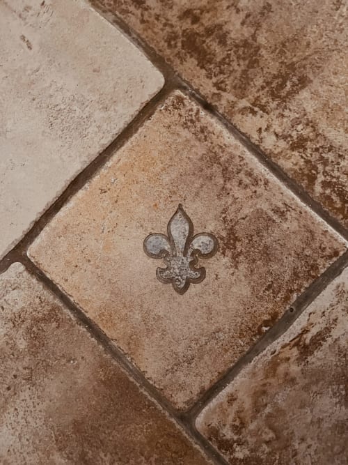 Symbole de fleur de lis sur carrelage en terre cuite au sol du Colombier de Hanches, Hanches