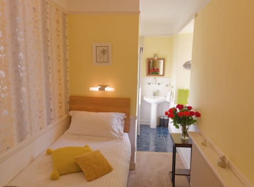 Cozy single room at Douglas House B&B with yellow walls, wooden bed, and ensuite shower room visible