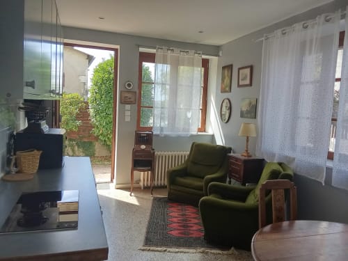 Séjour lumineux aux Studios Chez Mary Gannat avec fauteuils verts, portes sur jardin et équipements modernes