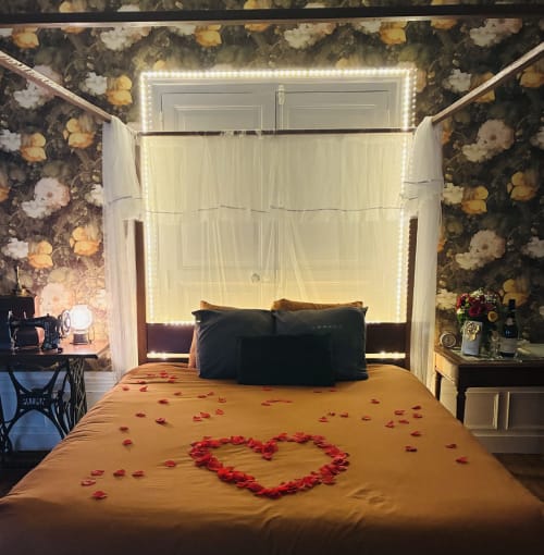 Lit à baldaquin romantique avec pétales de roses en forme de cœur à Chez Mary Studios Gannat, papier peint floral et éclairage LED