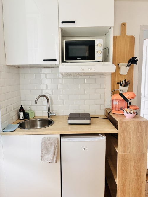Mini-cuisine du gîte Jungle et Nature à Chez Mary Studios Gannat, sud de la France, avec micro-ondes, évier et bois