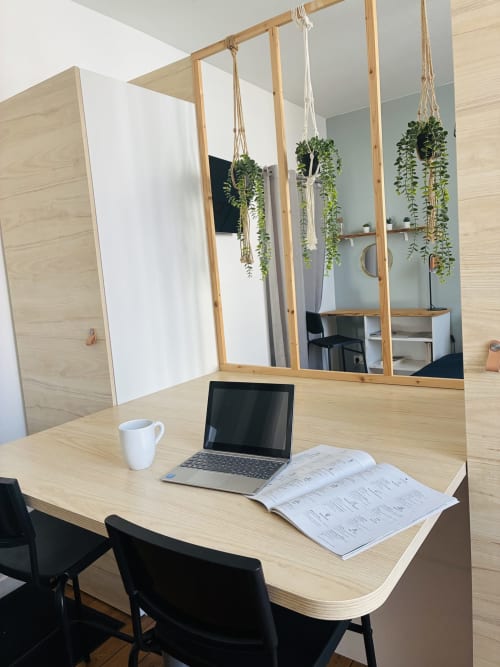 Espace de travail moderne chez Chez Mary Studios Gannat avec bureau en bois, ordinateur portable, plantes suspendues et miroir