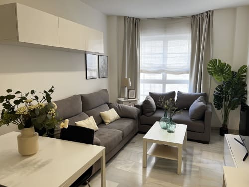 Sala de estar moderna en apartamento de Sinese Design Homes Málaga con sofá gris, muebles blancos, plantas y luz natural