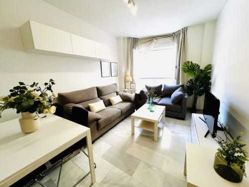 Luminoso apartamento moderno en la histórica Málaga con sofá gris, muebles blancos y plantas verdes