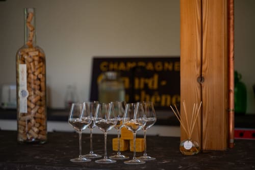Wine tasting setup at La Maison & l'Orangerie with champagne flutes and bottle in Saint-Jean-des-Vignes