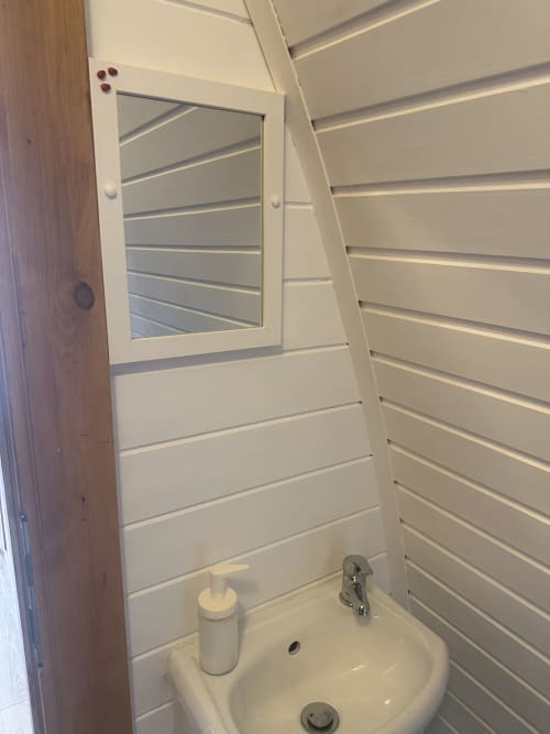 Compact bathroom in Bumblebee Pod at Acorns Luxury Glamping, Holywell, with white walls, pedestal sink, and mirror cabinet