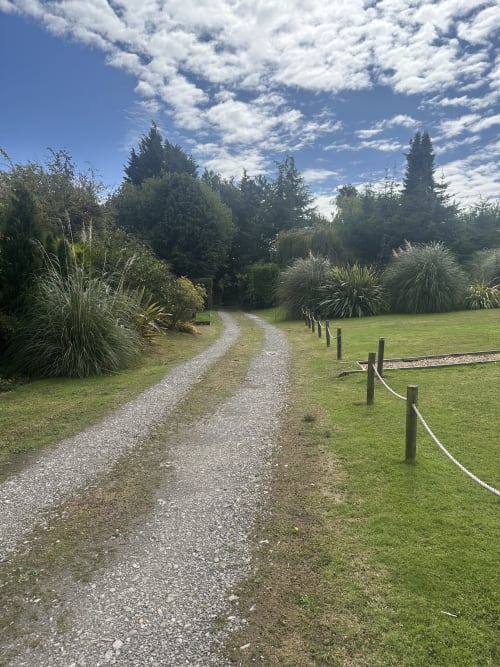 Gravel driveway lined with ornamental grasses and wooden fencing at Acorns Luxury Glamping in Holywell