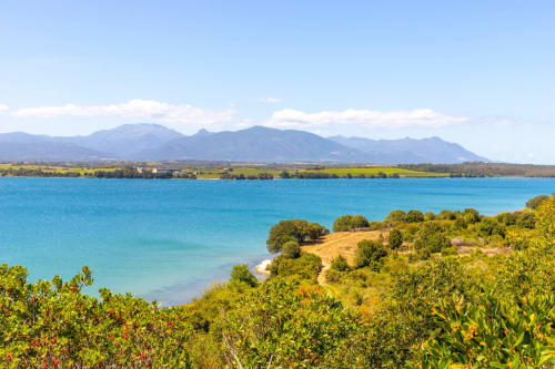 Mer Méditerranée turquoise avec végétation côtière verdoyante et montagnes à Sognu di Mare, Linguizzetta, Corse