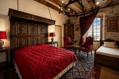 Chambre de style médiéval luxueux au Domaine de Châlus-Chabrol avec literie matelassée rouge, meubles en bois et vue sur le jardin