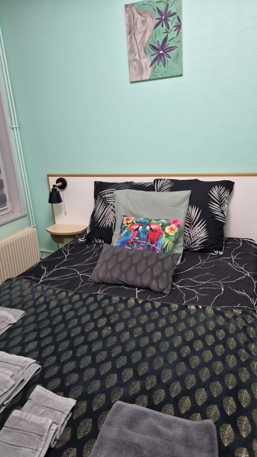 Chambre moderne de l'Hôtel Le Perroquet Bleu aux murs menthe, literie noire à motifs et coussin perroquet coloré