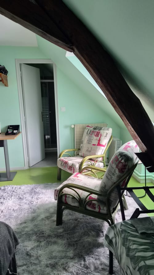 Chambre mansardée vert menthe à l'Hôtel Le Perroquet Bleu avec chaises en rotin, plafond incliné et radiateur