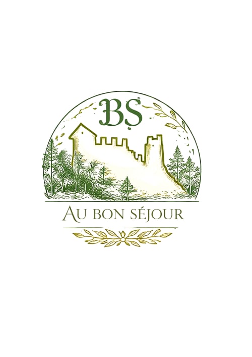 Logo de l'hôtel Au Bon Séjour présentant silhouette de château et arbres forestiers en vert et or