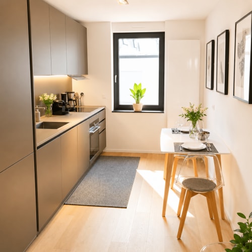Cuisine et salle à manger d'un appartement moderne au Luxembourg avec finitions bois clair, mobilier blanc et fenêtre à cadre noir