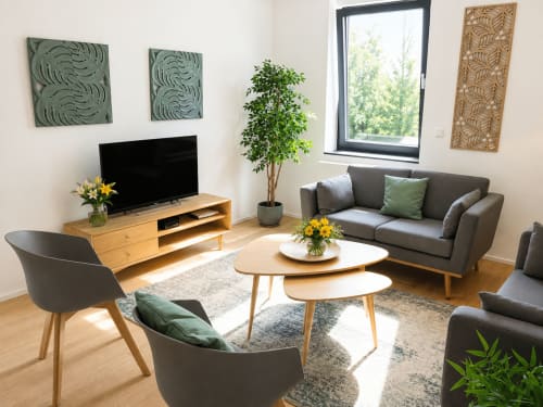 Salon moderne de l'appartement La Petrussina à Luxembourg, avec canapé gris, meuble TV en bois et vue sur la ville