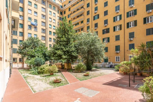 Cortile Terrestre Roma con alberi adulti, pavimentazione in cotto e edifici residenziali color ocra circostanti