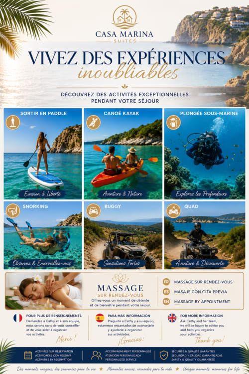Guide des activités Casa Marina Suites : paddle, kayak, plongée, snorkeling, buggy, quad à Benissa, Alicante