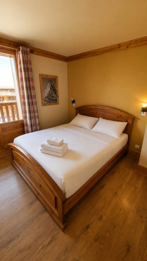 Cozy wooden bedroom at Le Chalet des Cimes with white bedding, mountain view window, and warm golden walls