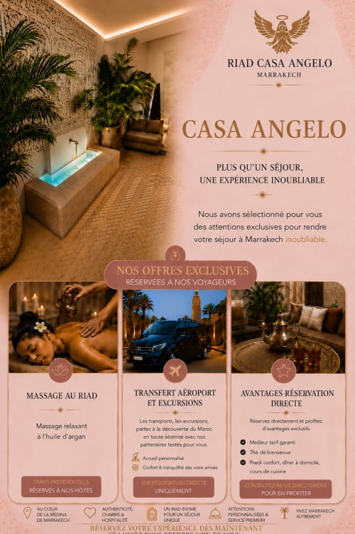 Riad Casa Angelo Marrakech, hébergement de luxe avec spa, transferts aéroport et services exclusifs